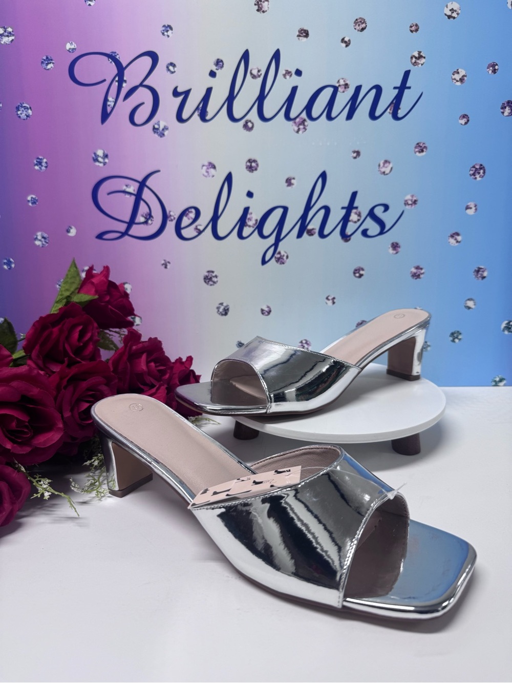🩶NIB SILVER SLIP ON HEELED MULES
